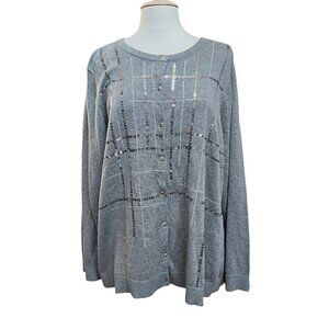 CJ Banks Womens Sequin Accent‎ Gray Button Up Front Cardigan Sweater 2X  - NWT